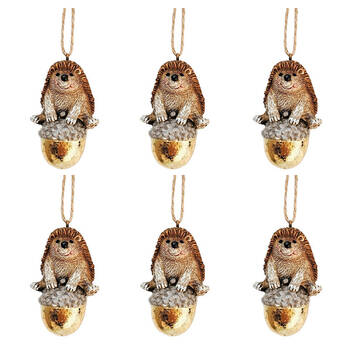 6PK Urban Hedgehogs on Acorn Hat Hanging Decoration 6cm Brown Assorted