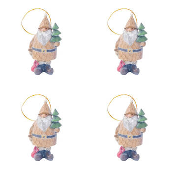4PK Urban Carved Santa with Tree Present Resin Hanging Decor 9cm Natural Asstd