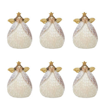 6PK Urban Carved Angel with Star Small Resin Standing 10cm White/Gold