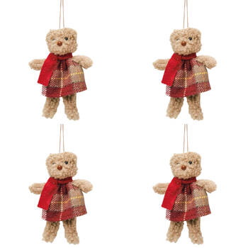 4PK Urban Teddy Hanging Christmas Decoration 14cm Red/Brown Assorted