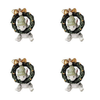 4PK Urban Playful Christmas Mice Hanging Decoration 6cm White/Sage Assorted