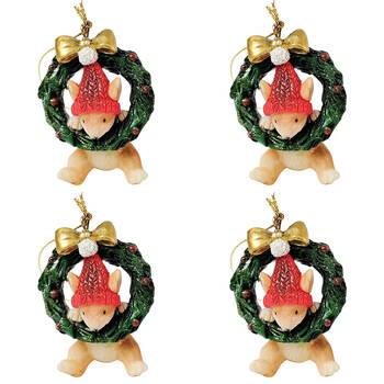 4PK Urban Playful Christmas Mice Hanging Decoration 6cm Red/Bisque Assorted