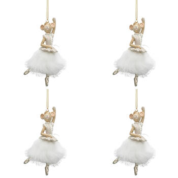 4PK Urban Nutcracker/Ballerina Mice Resin Hanging Decor 11cm Bisque Assorted