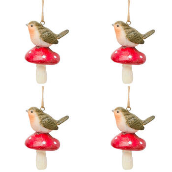 4PK Urban Bird/Squirrel on Toadstool Resin Hanging Decor 9cm Red/Natural Asstd