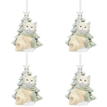 4PK Urban Cat with Tree Resin Hanging Christmas Decoration 8cm Natural/Sage