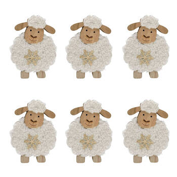 6PK Urban Fluffy Wooden Sheep Standing Christmas Decoration 14cm White
