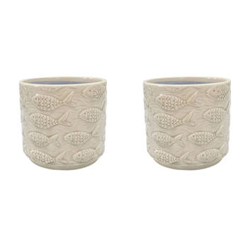 2PK Urban Fish Stoneware Outdoor Garden Planter Pot 14x13cm Bisque