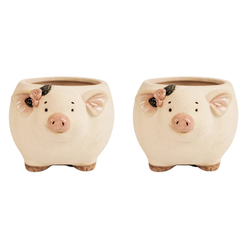 2x Urban 9.5cm Ceramic Pig w/ Flowers Planter Home/Garden Decor - Sand