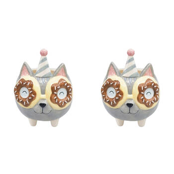 2PK Urban Ceramic Donut Cat Outdoor Garden Planter Pot 15cm Grey