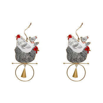 2PK Urban Iron Chickens Hanging Bell Outdoor Garden Decor 18x12cm Black/White