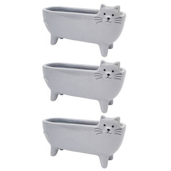 3PK Urban Long Cat Ceramic Plant Planter Pot 8x15cm Grey