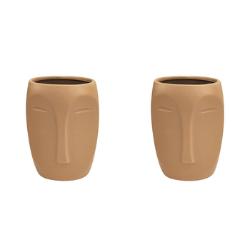 2x Urban Aztec Face 17cm Ceramic Plant/Flower Vase Display Medium - Beige
