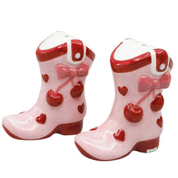 2pc Urban Ceramic Cherry Cowboy Boots Salt and Pepper Shakers Set 7cm Pink