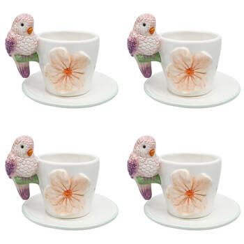 4x 2pc Urban Ceramic Perdy Parrot Tea Cup & Saucer Set 10cm Pink/Peach