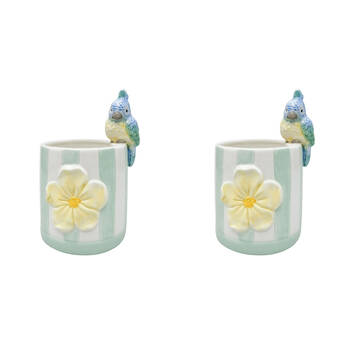 2PK Urban Ceramic Perdy Parrot Outdoor Planter Pot 20x12cm Green/Yellow