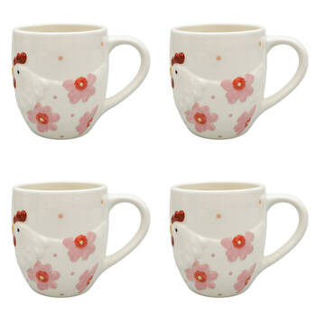 4PK Urban Ceramic Poppy Chicken 3D Coffee Drinking Mug 10cm Pink