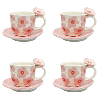 4x 2pc Urban Ceramic Floral Poppy Tea Cup & Saucer Set 9cm Pink