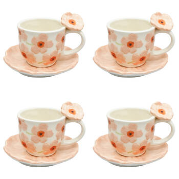 4x 2pc Urban Ceramic Floral Poppy Tea Cup & Saucer Set 9cm Peach