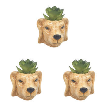 3PK Urban Ceramic Mini Dog Decorative Planter Pot with Plant 10cm Tan
