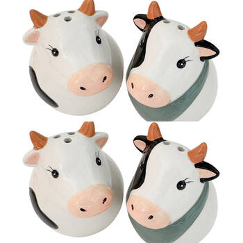 2x 2pc Urban Ceramic Cow Heads Salt and Pepper Shakers Set 8x7cm White/Black