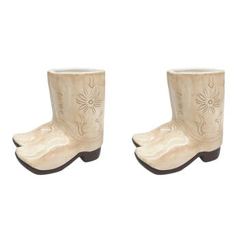 2PK Urban Ceramic Cowboy Boots Outdoor Garden Planter Pot 16x17cm Tan