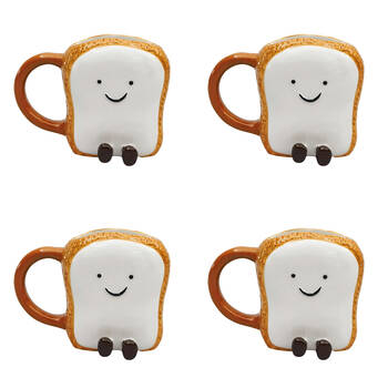 4PK Urban Ceramic Teddy Toast Friends 3D Coffee Drinking Mug 10cm White