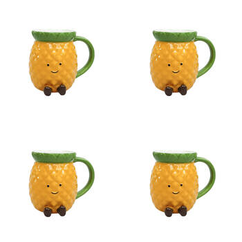 4PK Urban Ceramic Penny Pineapple Friends 3D Coffee Drinking Mug 10cm Yellow