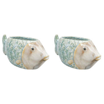 2PK Urban Ceramic Reef Fish Outdoor Garden Planter Pot 20x8cm Blue