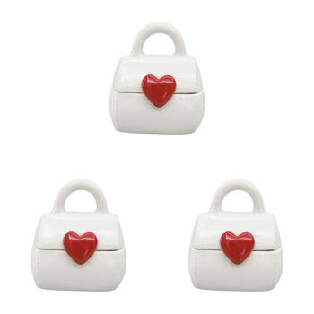 3PK Urban Ceramic Handbag with Heart Trinket Box 6x10cm Red/White