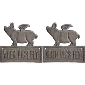 2PK LVD Cast Iron Sign When Pigs Fly Home/Garden Decor 19x18cm -  Brown