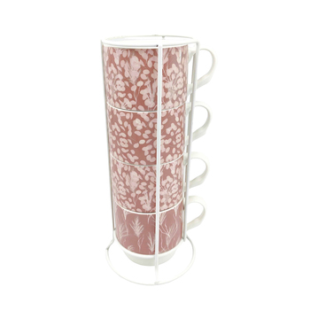 4pc Urban Boho Stacked 300ml Ceramic Mugs w/ Metal Rack - Dusty Pink