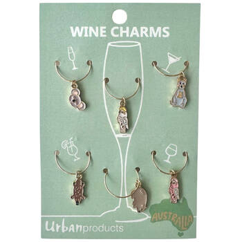 6pc Urban Australiana Wine Charms Chanmpagne Bottle Ring Grey 4cm