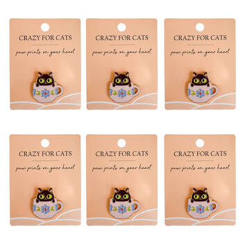 6PK Urban Metal Crazy For Cats Tea Cup Memento Pin 3cm Black/White