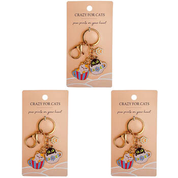 3PK Urban Metal Crazy For Cats Tea Cup Keyring Bag Accessory 12cm Black/White