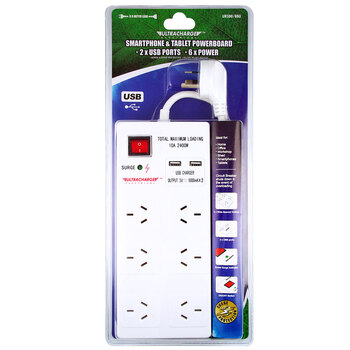 Ultracharge 6 Socket Surge Power Board W/ USB Port X 2 