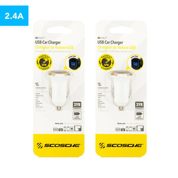 2PK Scosche reVOLT 12W USB Car Charger - White/Gold