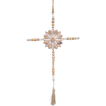 LVD Fir Wood/Iron Cross Beaded Tassel Home Decor - Natural/White