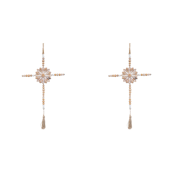 2PK LVD Fir Wood/Iron Cross Beaded Tassel Home Decor - Natural/White