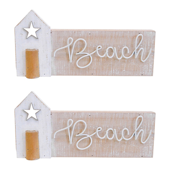 2PK LVD Fir Wood/Iron Beach House Sign Home/Room Decor 24x11.5cm