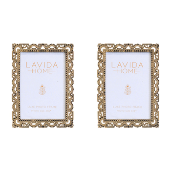 2PK LVD Pewter/Glass 4x6'' Photo Frame Antique Home Decor - Gold