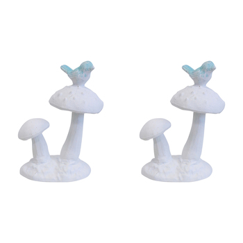 2PK LVD Iron Toadstools w/ Bird Sculpture Garden Decor 11.5x15.5cm - White