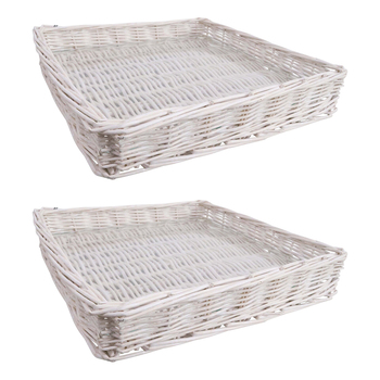 2PK LVD Wicker Willow Tray Basket w/ Glass Square 36x36cm - White