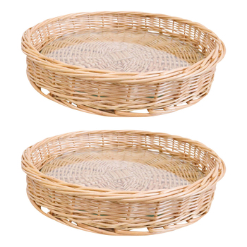 2PK LVD Saint Tropez Wicker Willow Tray w/ Glass Round 36cm - Natural