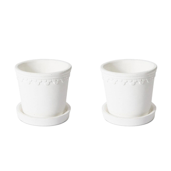 2PK E Style Sophia 13cm Cement Plant Pot w/ Saucer Decor - White