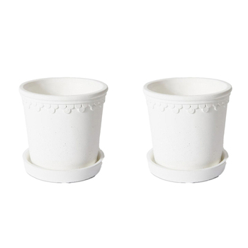 2PK E Style Sophia 15cm Cement Plant Pot w/ Saucer Decor - White