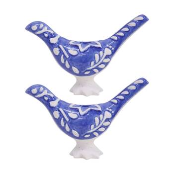 2PK LVD Portugese Ceramic Bird Taper Candle Holder Medium 19x16cm - Blue