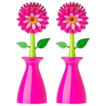 2PK Vigar Flower Power Dish Brush Plate/Bowl Cleaner w/ Vase - Pink