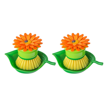 2x Vigar Flower Power Non-Scratch Palm Dish Brush w/ Holder - Orange