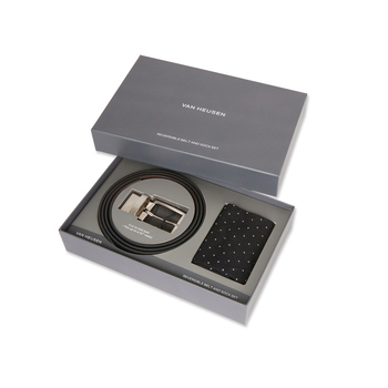 2pc Van Heusen PU/Leather Reversible Belt & Cotton Socks Set - Black