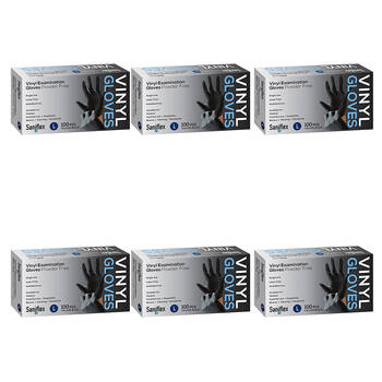 6x 100pc Saniflex Black Vinyl Examination Latex Powder Free Gloves- Size L